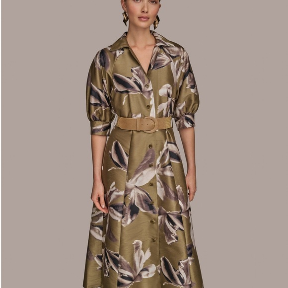 Donna Karan Floral Button-Up Shirt Dress with Belt. Size 8. Smoky Olive. NWT - Picture 8 of 9